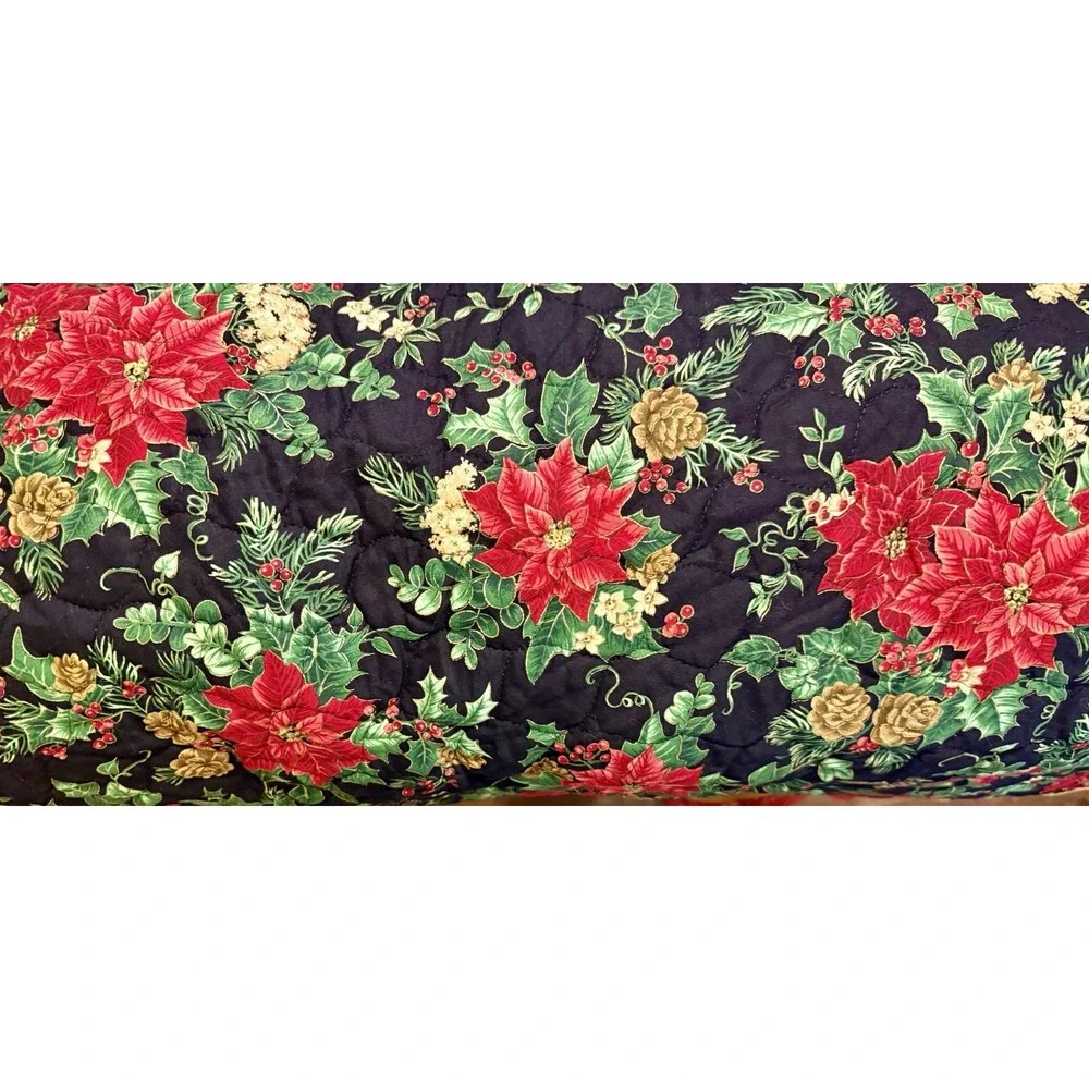 Vintage Reversible Quilted Christmas Table Topper Poinsettia Lace 45
